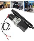 Amazon 12V heavy-duty hydraulic linear actuator with electric motor and mounting bracket, angled view, black finish