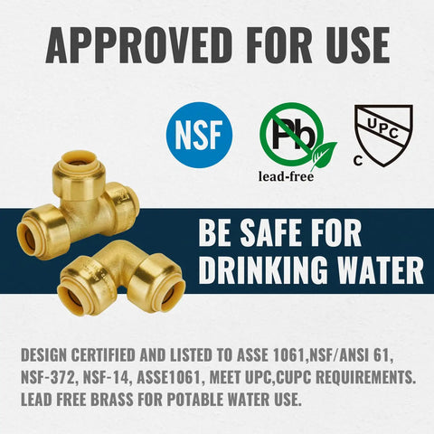 Lead-free brass fittings approved for drinking water use. Certified to ASSE 1061 NSF/ANSI 61. Safe for potable water.