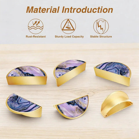Cosmic Violet Fluid Art Cabinet Pulls 2 Pack With Gold Semicircle Drawer Handles 3 Inch Hole Center Dope Marble Like Stone Pattern