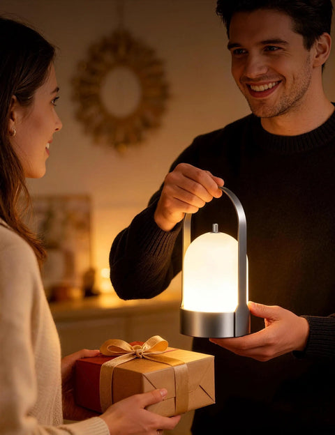 Man holding Battery Powered Outdoor Lantern Table Lamp Waterproof 4000mAh Cordless Rechargeable 4 Level Touch Dimmable Lit Night Light