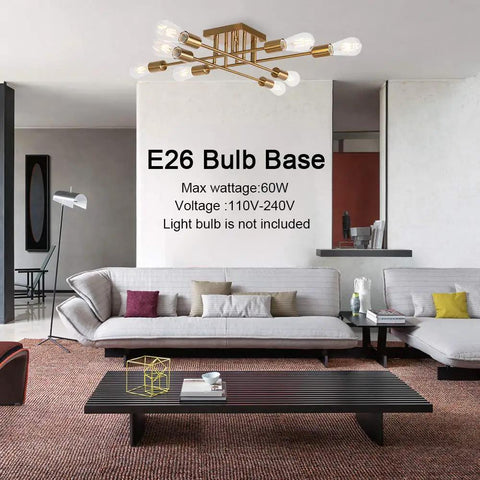 Dope Modern 8 Light Semi Flush Mount Brushed Brass Sputnik Ceiling Light in living room with E26 bulb compatibility