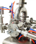 Close-up of Heavy Duty Pneumatic Liquid Filler Workhorse With Heating And Mixing Functions, showing stainless steel components and hoses.