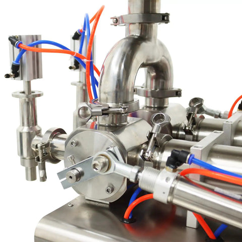 Close-up of Heavy Duty Pneumatic Liquid Filler Workhorse With Heating And Mixing Functions, showing stainless steel components and hoses.