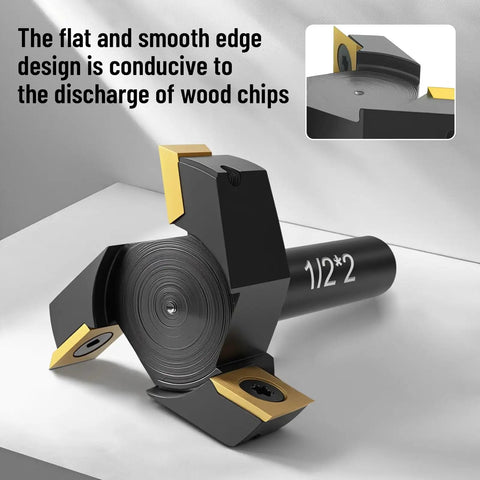 Beefy 1/2 Inch Shank Slab Flattening Router Bit With 2 Inch Cutting Diameter And 3-Wing Coated Carbide Inserts displayed