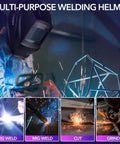 Welder wearing Auto Darkening Welding Helmet With True Color Large Viewing Screen, sparks flying, multi-purpose helmet use.