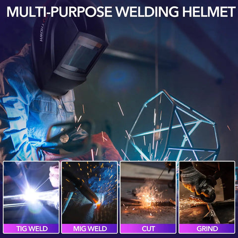 Welder wearing Auto Darkening Welding Helmet With True Color Large Viewing Screen, sparks flying, multi-purpose helmet use.