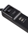 Close-up of Six Outlet Surge Protector Power Strip With Two USB Ports Two Foot Cord 500 Joule Protection Black Finish
