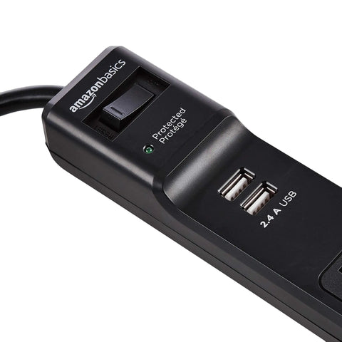 Close-up of Six Outlet Surge Protector Power Strip With Two USB Ports Two Foot Cord 500 Joule Protection Black Finish