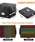 Fireproof Doc Box With Lock For 5200F Heat Insulation, black collapsible file organizer with handles, shown folded and open with dimensions