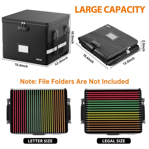 Fireproof Doc Box With Lock For 5200F Heat Insulation, black collapsible file organizer with handles, shown folded and open with dimensions