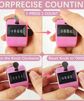 Dang Solid Four Digit Mechanical Tally Clicker Counter In Bright Pink instructions for use, showing counting and resetting functions.