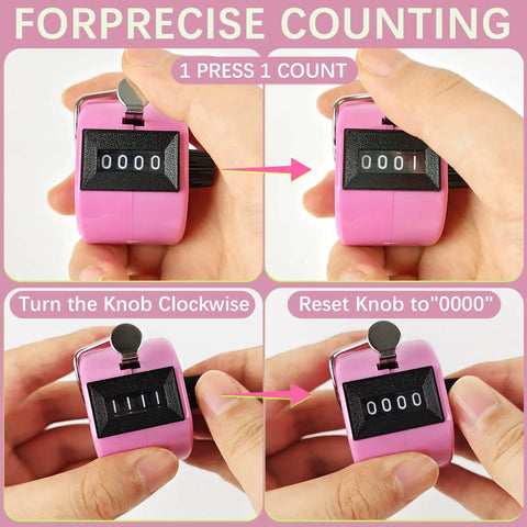 Dang Solid Four Digit Mechanical Tally Clicker Counter In Bright Pink instructions for use, showing counting and resetting functions.
