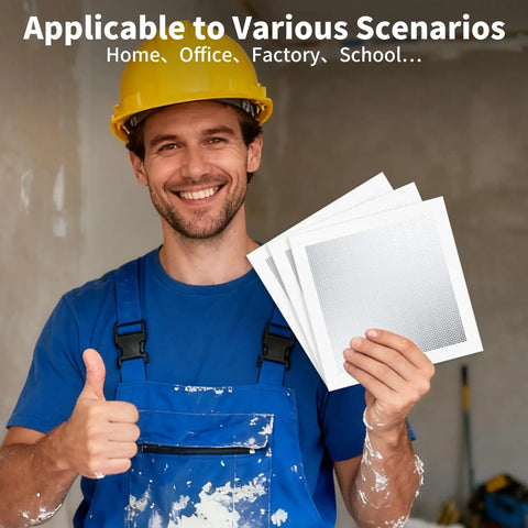 Man holding 10x10 inch Wall Patch Drywall Repair Kit 10 X 10 Inch Self Adhesive Mesh Patch For Quick Hole Fix In Walls And Ceilings No Mess