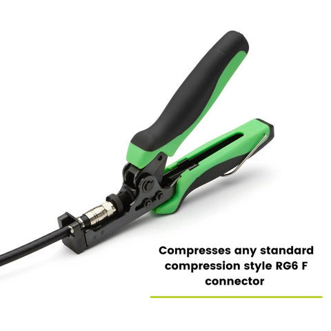 F Connector Compression Tool For RG6 And RG59 Coax with green TPE grips, shown compressing an RG6 F connector