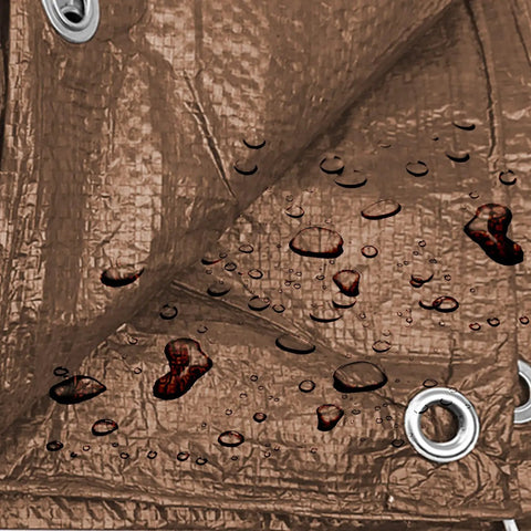 Close-up of Beefy Heavy Duty Poly Tarp Cover 20 By 40 Feet Waterproof Outdoor Tarpaulin Brown 5 Mil Thick With Aluminum Grommets