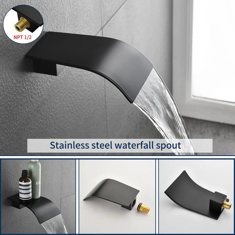Waterfall Tub Spout Shower Faucet Set With Tub And Shower Trim Kit And Rough In Valve Wall Mounted Shower System in brushed nickel.