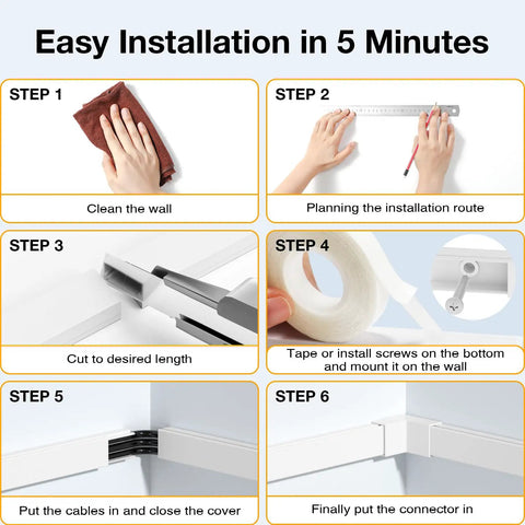 Installation steps for Premium Wall Cord Hider Kit With 157 Inch Cable Raceway For TV Wires, showing cleaning, measuring, cutting.