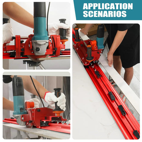 Electric Orbital Angle Grinder Tile Cutter For Large Ceramic Porcelain Tiles Up To 124 Inches With Pro Grade Precision And A Smooth Cut Every Time Ideal For Contractors And DIY Pros. Red rail cutter on large tile