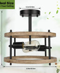 Industrial Farmhouse 2 Light Semi Flush Mount Ceiling Light Fixture With Rustic Wood And Black Metal, dimensions shown
