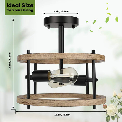 Industrial Farmhouse 2 Light Semi Flush Mount Ceiling Light Fixture With Rustic Wood And Black Metal, dimensions shown