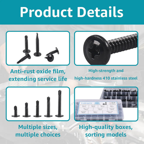 Bulk 400 Pack Self Tapping Screws For Metal And Wood Size 8 And 10, 410 Stainless Steel, Black Oxide Finish, product details
