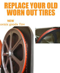Urethane Band Saw Tires 12 Inch 7 Eighths Inch 0.095 Inch 2 Pack Replacement Tires shown installed on a saw wheel