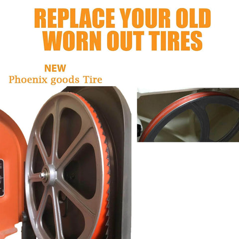 Urethane Band Saw Tires 12 Inch 7 Eighths Inch 0.095 Inch 2 Pack Replacement Tires shown installed on a saw wheel