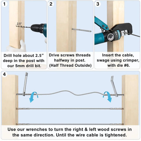 Four-step installation guide for 100 Pack T316 Stainless Steel Right And Left Handed Swage Lag Screws For Wood Posts.