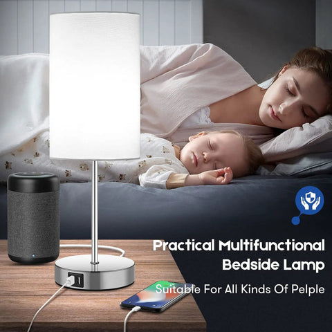 Set Of 2 Touch Control Table Lamps With 3 Way Dimming USB Ports And AC Outlet Brushed Nickel Bedside Lamps With White Shades