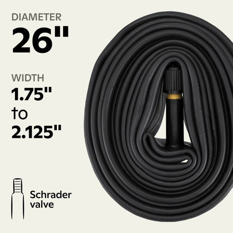 Replacement 26 Inch Bike Inner Tube With Schrader Valve For 1.75 To 2.125 Inch Wide Mountain Hybrid Dual Sport And Cruiser Tires Built Tough For Everyday Rugged Rides Durable Lightweight, shown coiled with valve visible