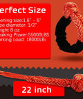 Soft Shackle One Half Inch By Twenty Two Inch Recovery Rope For SUV Truck Jeep ATV And Sailing With Fifty Seven Thousand Lbs Breaking Strength Synthetic UHMWPE Weave Two Pack Safer Than Metal Shackle, showing dimensions and load capacity