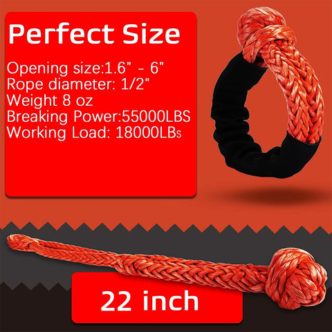 Soft Shackle One Half Inch By Twenty Two Inch Recovery Rope For SUV Truck Jeep ATV And Sailing With Fifty Seven Thousand Lbs Breaking Strength Synthetic UHMWPE Weave Two Pack Safer Than Metal Shackle, showing dimensions and load capacity