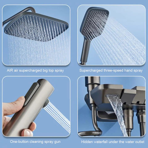 CUTPOIY Matte Black Exposed Shower System Wall Mounted 3 Function Shower Fixtures showing top spray, hand spray, and waterfall features.