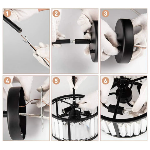 Installation steps for Crystal Drum Pendant Light Fixture With 3 Lights In Black Finish Adjustable Height Cylinder Pendant