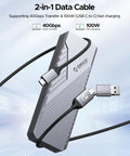 2-in-1 data cable in black and silver, supporting 40Gbps transfer and 100W charging for fast data transfer.