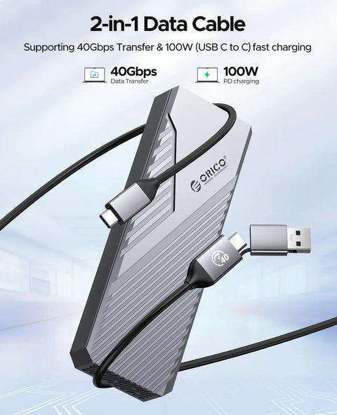 2-in-1 data cable in black and silver, supporting 40Gbps transfer and 100W charging for fast data transfer.