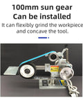 Pro Grade Brushless Belt Sander With Durable 762X25Mm Belt Delivers Real Deal Torque For Fast Metal And Wood Projects Includes Easy Polish And Sharpen Functions No Sweat Setup, showing a 100mm sun gear and adjustable grinding tool.