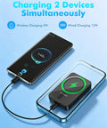 Ultra Slim Magnetic Portable Charger For Smartphones 5000mAh Power Bank charging two devices with wired and wireless methods.