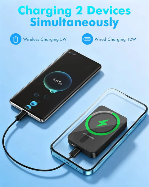Ultra Slim Magnetic Portable Charger For Smartphones 5000mAh Power Bank charging two devices with wired and wireless methods.
