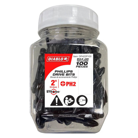 Jar of PH2 Phillips Drive Bits With Anti Slip Tip One Quarter Inch Hex Shank Two Inch Length Heavy Duty Impact Ready 100 Pack