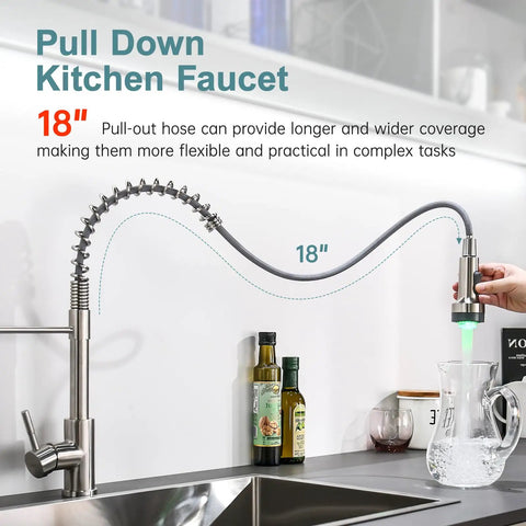 Kitchen Faucet With Soap Dispenser, Single Hole Pull Down Sprayer, LED Temperature Color Change, Brushed Nickel Finish