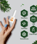 Gel Polish Set 112 Piece HEMA Free With 108 Colors Nail Polish Kit bottle held by hand with blue nails, non-toxic labels