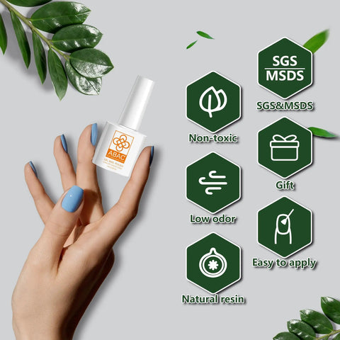 Gel Polish Set 112 Piece HEMA Free With 108 Colors Nail Polish Kit bottle held by hand with blue nails, non-toxic labels