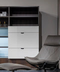 Living room with white cabinets featuring 4 Pack Matte Black Adhesive Edge Finger Pull 3 Inch Concealed Kitchen Cabinet Handle