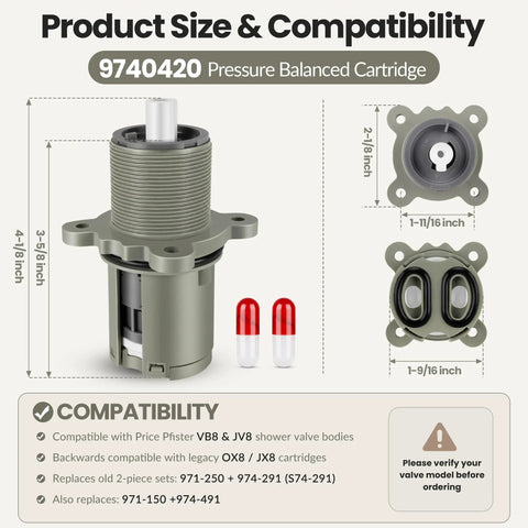 Pressure Balanced Shower Cartridge 9740420 Replacement For Pfister 0X8 JX8 VB8 JV8 Legacy Tub And Shower Valves compatibility chart