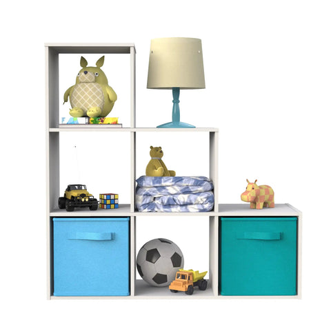 Three Two One Cube Storage Shelf Organizer Bookshelf With Three Tiers Corner Unit In White Wood Finish holding toys and decor