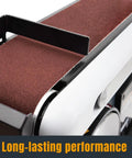 Close-up of bench belt sander with 6 By 48 Inch Sanding Belts Set, 12 Pack With Grits 60 80 120 150 240 400 Aluminum Oxide