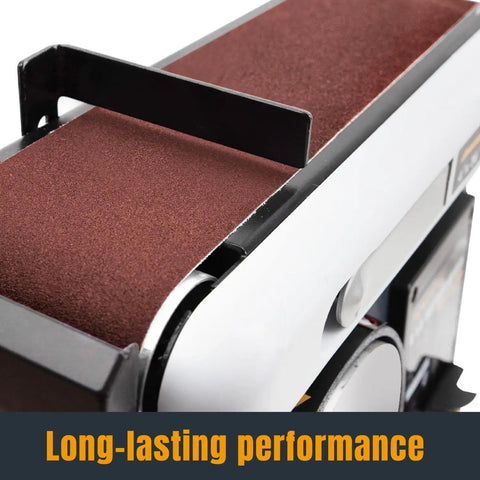 Close-up of bench belt sander with 6 By 48 Inch Sanding Belts Set, 12 Pack With Grits 60 80 120 150 240 400 Aluminum Oxide