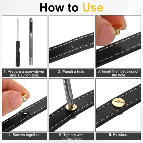 Step-by-step instructions showing how to use 50 Pack Of M4 Chicago Screws With Six Millimeter Length And Solid Phillips Drive.