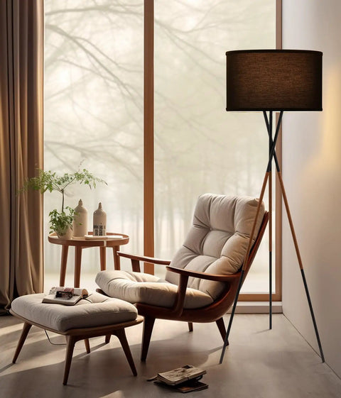 60 Inch Tripod Floor Lamp In Brushed Nickel With Gray Linen Drum Shade in modern living room setup